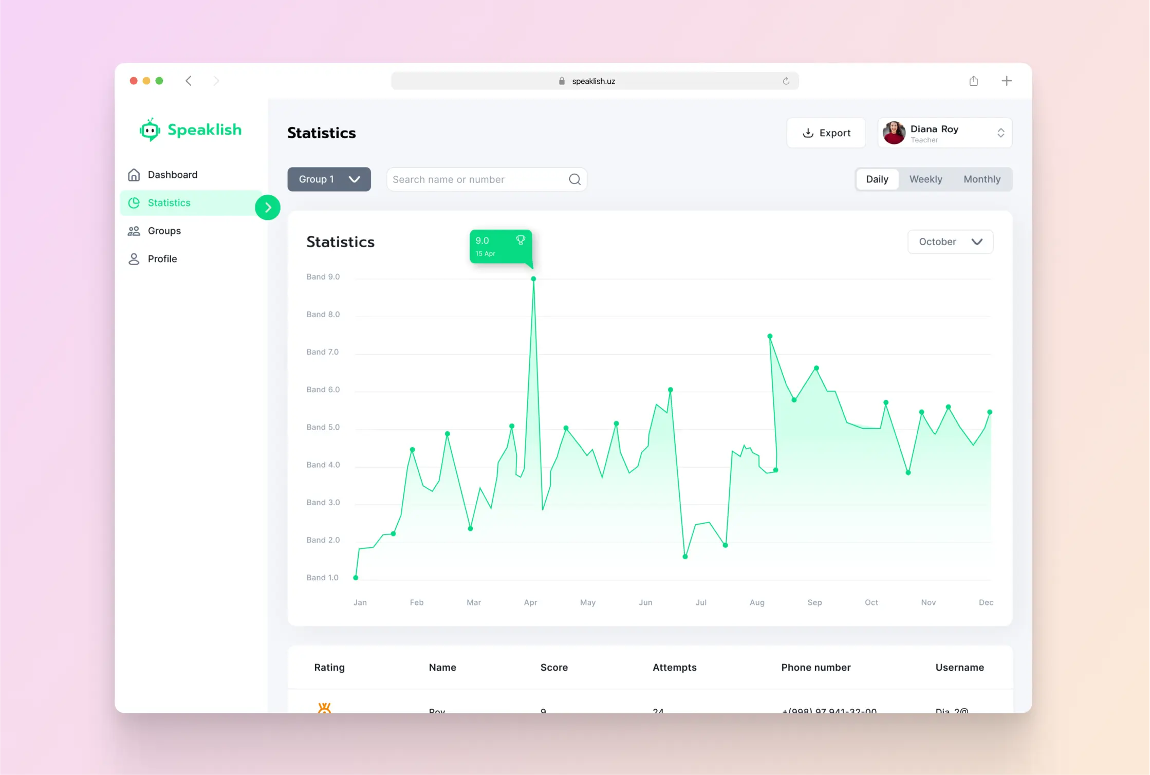 Speaklish Dashboard UI